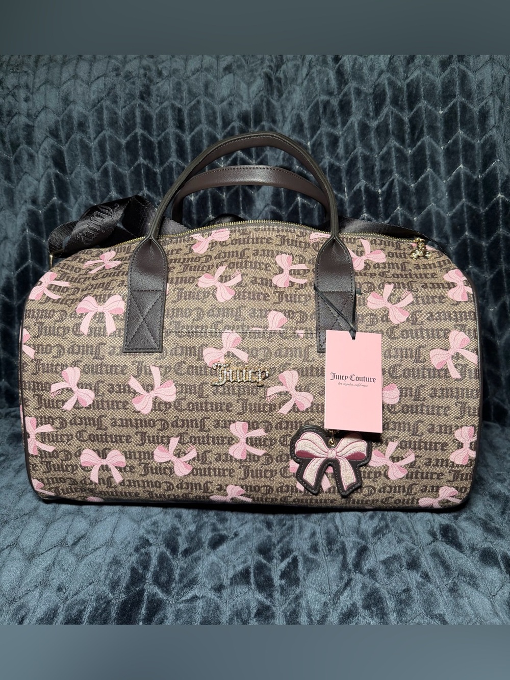 Juicy Couture Brown Canvas Travel Bag with Pink Bow Accents